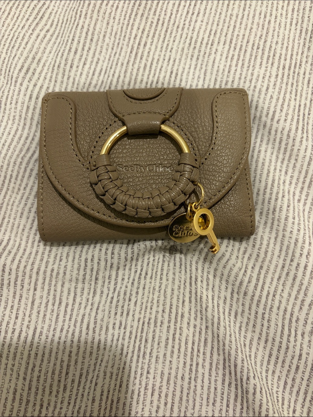 See By Chloe taupe leather braided-ring card holder with gold charm